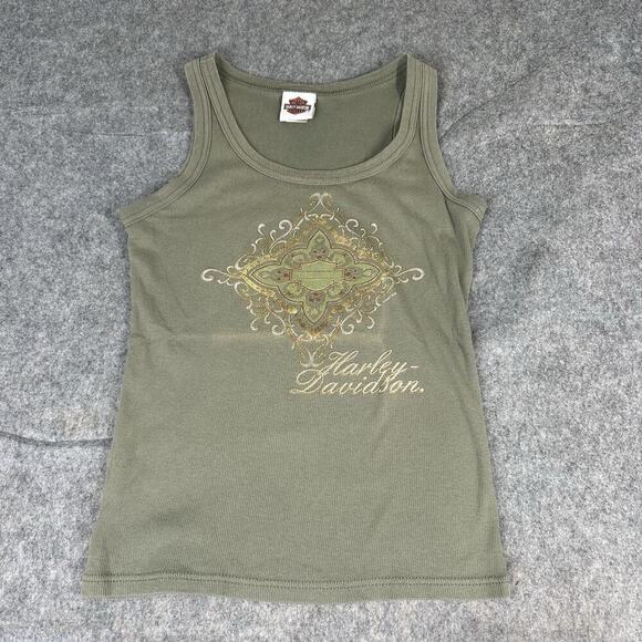 Harley Davidson Tank Top Womens Medium Y2K Ribbed Knit Green Made In USA Stretch - Picture 1 of 9